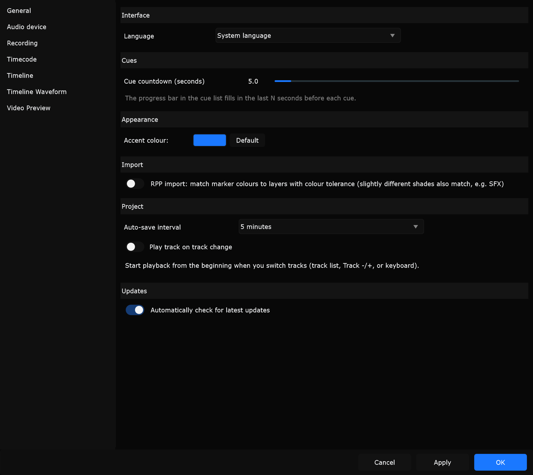 Preferences - General (footer visible)